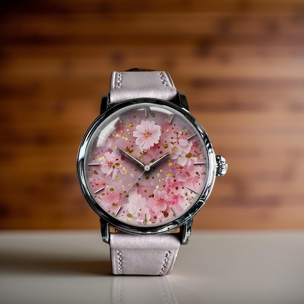 Vintage Pink Flower Art Mechanical Leather Wrist Watch