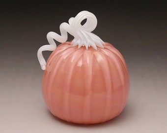 Opaque Pink Hand Blown Glass Pumpkin with a White stem