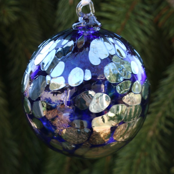 Cobalt Blue and Silver glass hand blown ornament