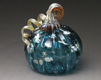 Transparent Aqua Blue Hand Blown Glass Pumpkin with silver glass spots and an iridescent stem