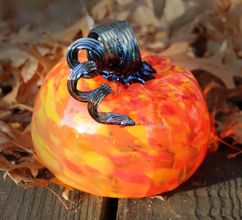 Orange speckled Hand Blown Glass Pumpkin with a metallic | Etsy