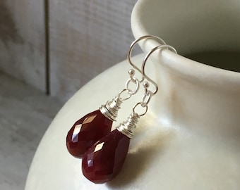 Ruby earrings~silver and gemstone earrings~dangle earrings~red gemstone earrings~gemstone earrings~petite gemstone earrings