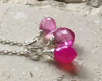 Pink sapphire gemstone necklace~Triple gemstone pendant~pink gemstone necklace~dainty necklace~gemstone necklace~ gemstone necklace