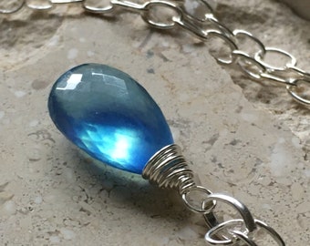 Large Blue aquamarine gemstone necklace~gemstone pendant~gem pendant~gemstone layering necklace~gemstone necklace~ silver gemstone necklace