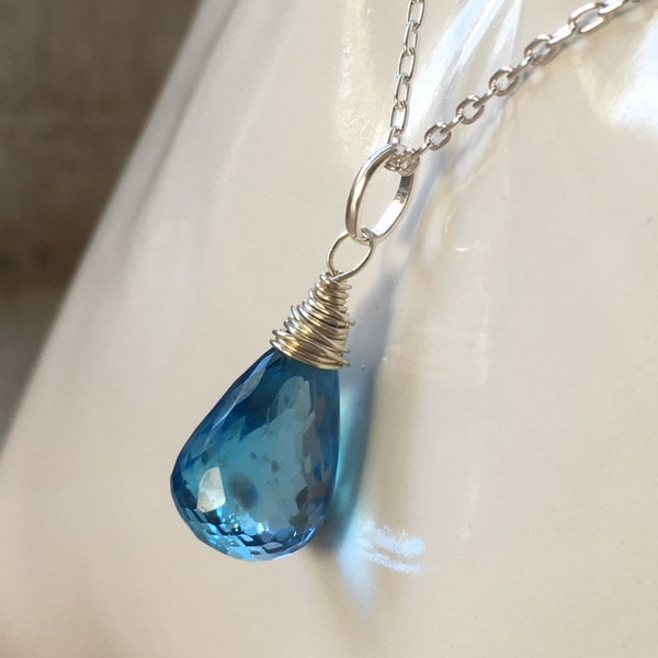 Swiss Blue Topaz gemstone pendant,gemstone solitaire jewellery,dainty gemstone drop, gift for her, gemstone jewellery,silver necklace