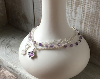 Sterling silver triple strand bracelet with Amethyst clover