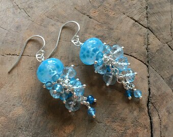 Blue topaz cluster earrings~dangle earrings~gemstone earrings~gemstone earrings~petite gemstone earrings