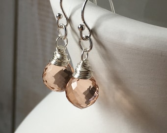 Peach quartz earrings~sterling silver earrings~gemstone drop earrings~gems drop earrings~hydro quartz earrings~petite earrings