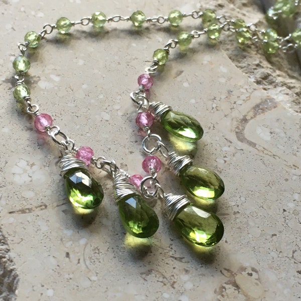 Peridot gemstone necklace~gemstone pendant~pink topaz necklace~ gemstone layering necklace~gemstone necklace~ silver gemstone necklace