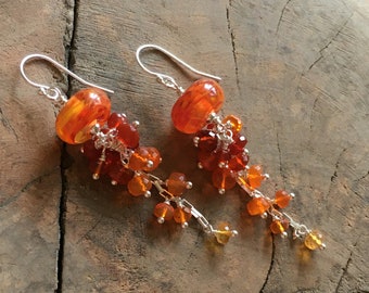 Fire Opal sterling silver earrings~dangle tassel earrings~gemstone drop earrings~gemstone earrings~dainty earrings~gemstone jewellery