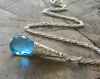 Swiss blue topaz gemstone necklace~gemstone pendant~blue gemstone ~dainty necklace~ gemstone necklace~faceted gemstone necklace