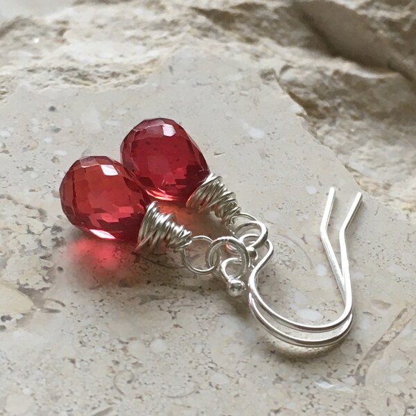 Dainty red sapphire sterling silver earrings~dangle earrings~gemstone drop earrings~gems drop earrings~dainty earrings~petite earrings