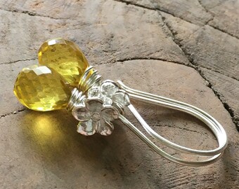 Yellow sapphire earrings~sterling silver earrings~gemstone drop earrings~gems drop earrings~dainty earrings~petite earrings