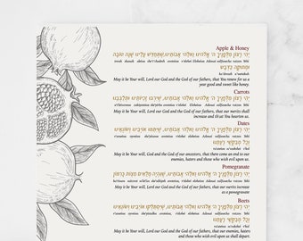 May include: A black and white illustration of pomegranates with Hebrew text on the right side of the page. The text includes the words "Apple & Honey", "Dates", "Pomegranate", "Leek", and "Head of Fish/Lamb".