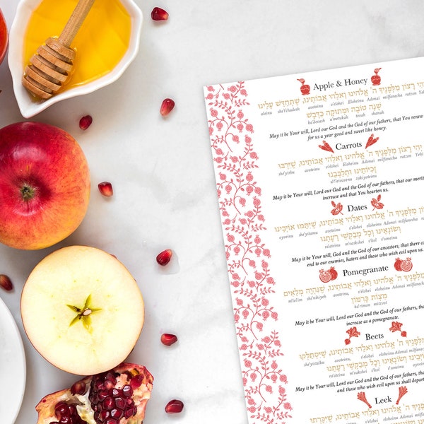 Rosh Hashanah Simanim Printable for the Table - Prayers for your Rosh Hashanah Meal - Red and Gold colors included