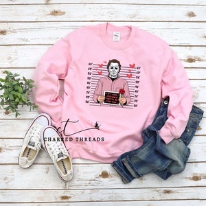 Horror Movie Michael Myers Valentine's Day Sweatshirt, Horror Movie Fan Gift, Scary Movie Valentine Crewneck Sweatshirt Light Pink