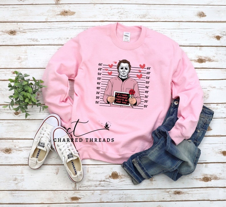 Horror Movie Michael Myers Valentine's Day Sweatshirt, Horror Movie Fan Gift, Scary Movie Valentine Crewneck Sweatshirt Light Pink