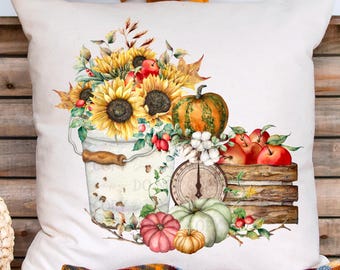 Harvest Blessings PNG – Watercolor Fall Leaves with Pumpkins, Sunflowers & Apple Basket, Cottagecore Farmhouse Sublimation Digital Download