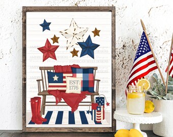Casa de campo americana vintage, americana, rústica, imprimible, arte de pared, letrero de madera, 4 de julio, patriótico, arte imprimible, descarga digital