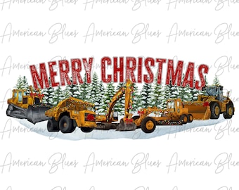 Puede incluir: Un diseño digital que presenta un grupo de vehículos de construcción amarillos decorados con luces navideñas y vegetación. Los vehículos están dispuestos en línea, con el texto "MERRY CHRISTMAS" encima. El diseño está sobre un fondo blanco.