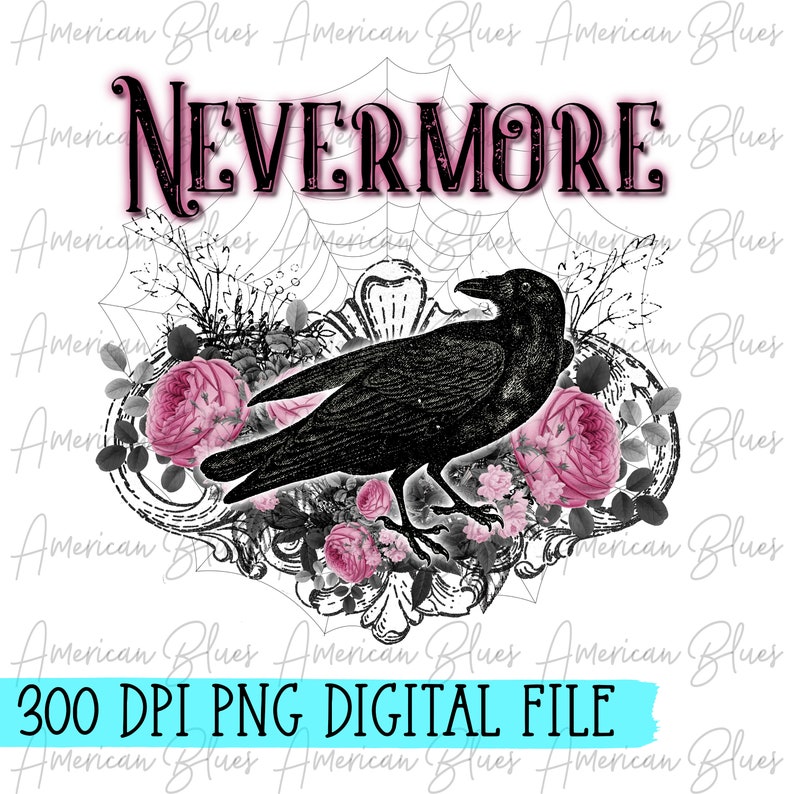 Pode incluir: Um corvo preto com um design g&oacute;tico e rosas cor-de-rosa, com o texto "NEVERMORE" acima do corvo.