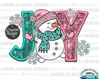 Joy Snowman, Faux sequin, Faux embroidery, Christmas png, Winter png, DTF, DTG, Screenprint, Sublimation