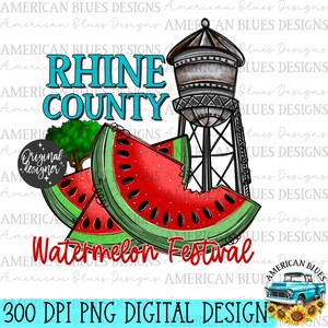 May include: A digital design featuring a water tower, watermelon slices, and the text "Rhine County Watermelon Festival".