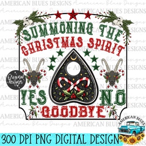 May include: A digital design featuring a black and white Ouija board with a red and white candy cane design. The board is surrounded by a green border with the text "Summoning the Christmas Spirit" in red and white letters. The words "Yes", "No", and "Goodbye" are written in green letters on the board. The design is perfect for creating festive holiday crafts.