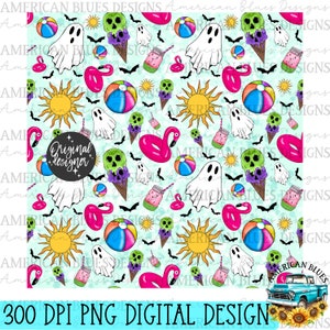May include: A seamless pattern featuring a variety of summer and Halloween themed elements on a light blue background. The pattern includes ghosts, skulls, ice cream cones, beach balls, flamingos, suns, and bats. The text "Original designer" is included in the pattern.