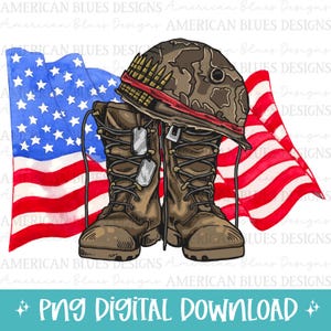 Amerikanische Flagge & Militärstiefel, US Bundeswehr, 4.Juli PNG für Sublimation, DTF, DTG, Siebdruck, digitaler Download
