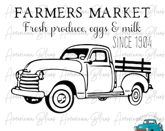 May include: Black and white line art illustration of a vintage pickup truck with a wooden bed. The truck has the text "FARMERS MARKET" above it and "Fresh produce, eggs & milk SINCE 1904" below it.