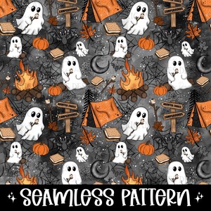May include: Seamless pattern featuring white ghosts holding marshmallows, orange pumpkins, campfires, tents, and s'mores on a gray background with spiderwebs and leaves. The text "SEAMLESS PATTERN" is at the bottom.