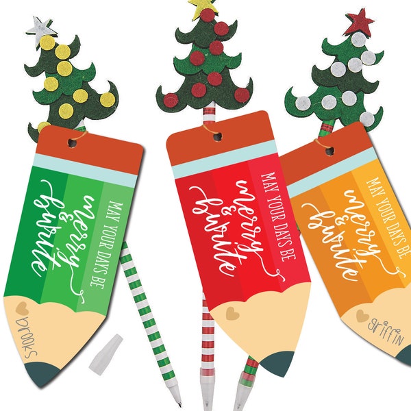 Pencil Holiday gift tags | Merry and Bright B-Write classroom favor  | DIGITAL FILE ONLY