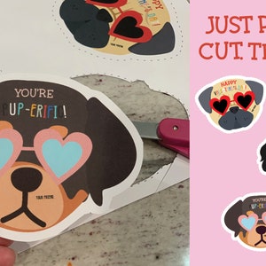 Könnte beinhalten: Druckbare Valentinstagskarten mit niedlichen Hundefiguren mit herzförmigen Sonnenbrillen und Botschaften wie "Ich kaue dich Valentine" und "Du bist super toll!"