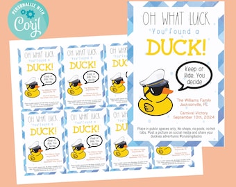 May include: A set of nine printable cards featuring a cartoon duck wearing sunglasses and a captain's hat. The cards say "Oh What Luck! You Found a Duck!" and "Keep or Hide, You Decide." The cards also include the text "The Williams Family, Jacksonville, FL, Carnival Victory, September 10th, 2024." and "Place in public spaces only. No shops, no pools, no hot tubs. Post a picture on social media and share your duckies adventures #cruisingducks."
