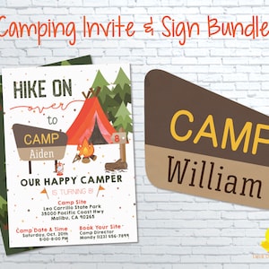 Paquete de invitación y letrero para acampar, letrero del bosque nacional, invitación para acampar, invitación para fiesta de campamento, invitación imprimible para campamento de bricolaje, DIGITAL