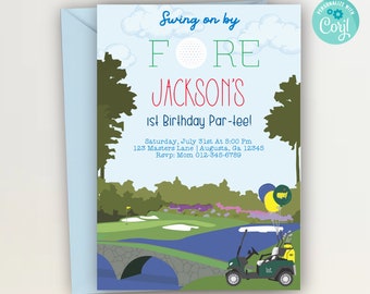 Golf First Birthday Invitation Hole in One Invite Masters Golf Invitation Hole-in-One Party Editable Digital Template Corjl INSTANT DOWNLOAD