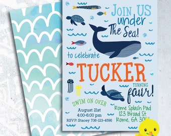 Under Sea Birthday Invitation| Under The Sea | Ocean Birthday Invite | Splash Party| Pool Party | Turtle Whale Invitation, DIGITAL FILE ONLY