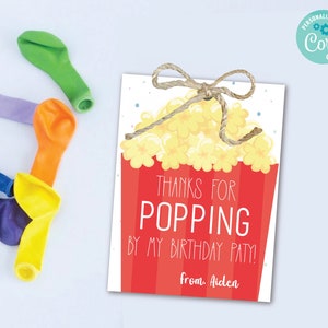 Popcorn Favor Tag, Thank You For POPPING By My Birthday Party, Movie Theater Move Night Birthday Party, Instant Download, Edit with Corjl