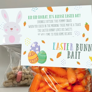 May include: Easter-themed gift tag with a cartoon bunny, Easter eggs, and carrots. The tag reads "Easter Bunny Bait" and includes text about sprinkling a snack. The image also shows bags of snacks, including carrots and cereal.