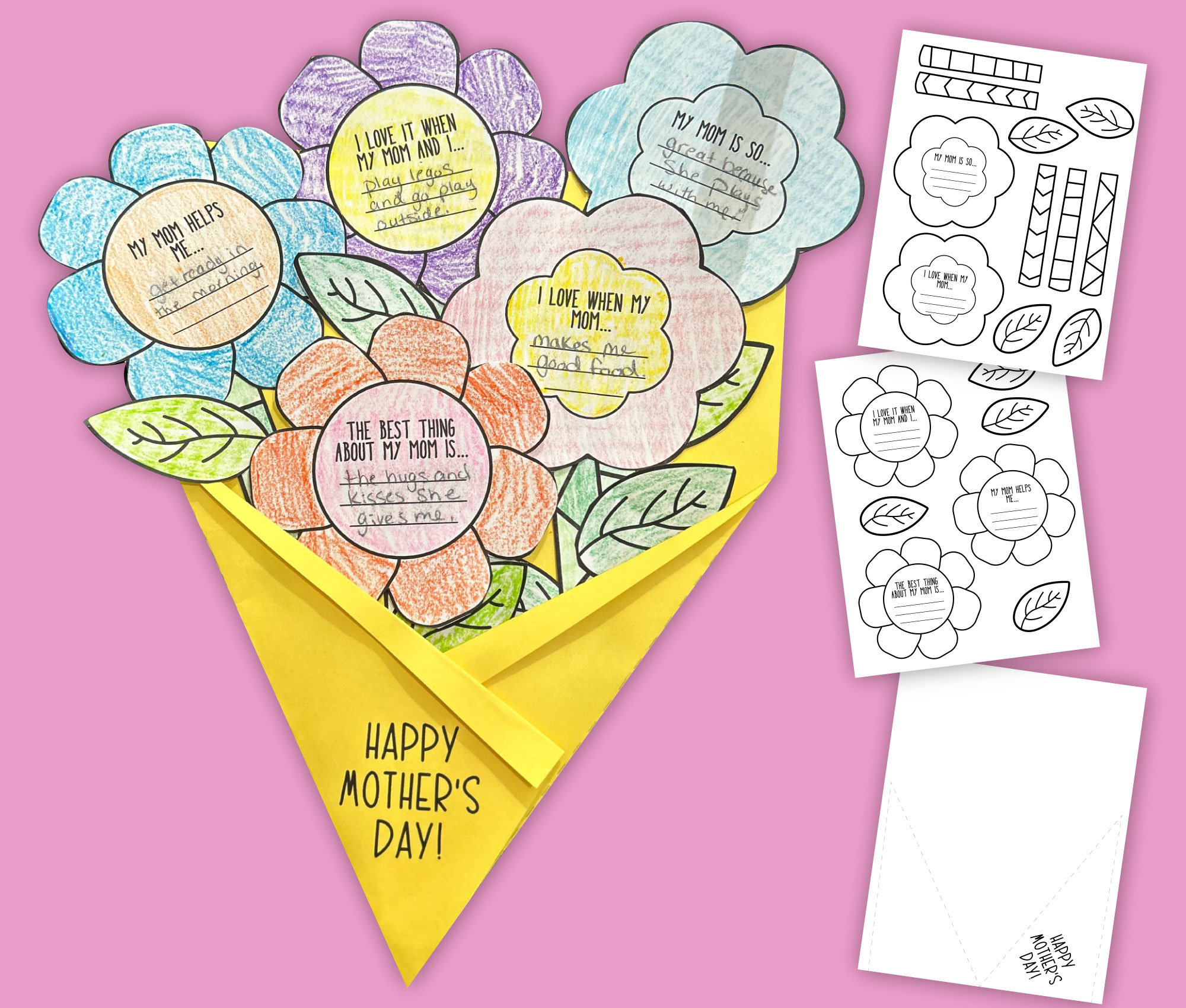 Mother's Day Flower Bouquet Craft | Printable Coloring Card (digital ...