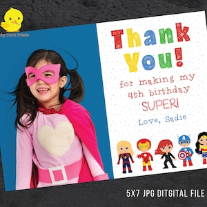 Foto Mädchen und Junge Superheld Dankeschön | Super Hero Dankeskarte | Personalisierte Avengers Dankeskarten | NUR DIGITALE DATEI