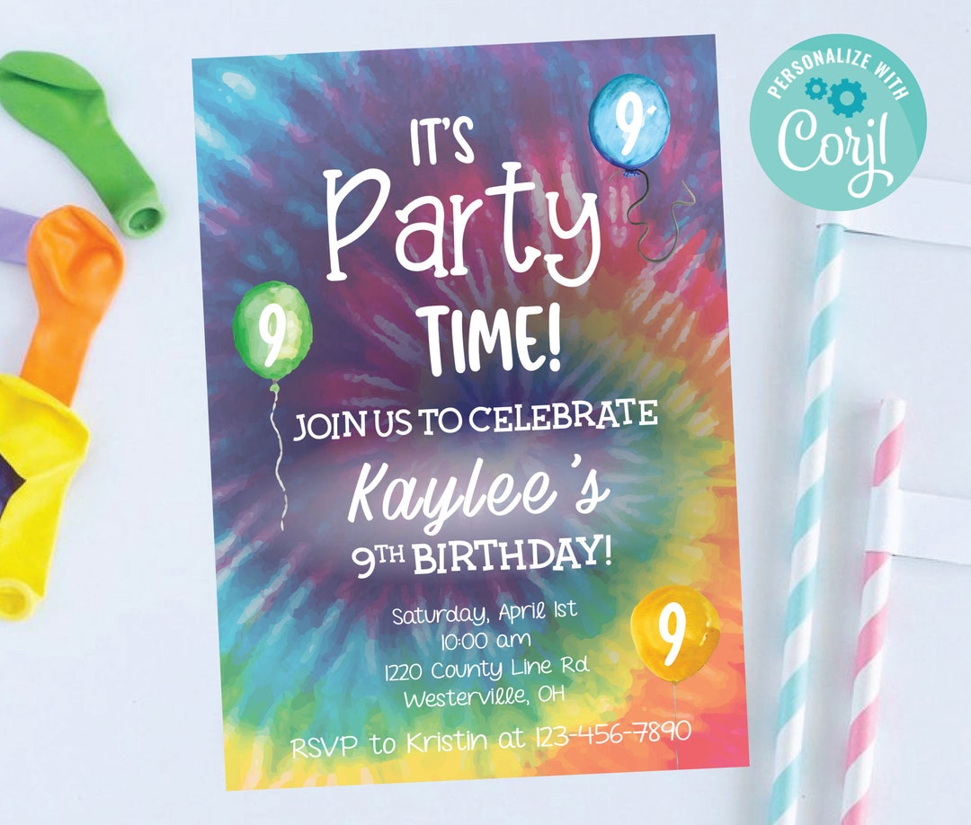Tie Dye Birthday Invitation, Rainbow Tie Dye Birthday Invitations Tie