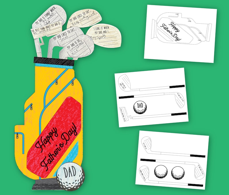 FATHER'S DAY Craft for Kids Printable coloring golfbag card for dad, Instant download, Father's Day Gift Classroom craft for dad image 1
