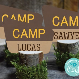 Étiquette d'anniversaire de camping, carte nominative de signe de camping, étiquette de remerciement de camp, décorations d'anniversaire de signe de camping DIGITAL | Modification instantanée avec Corjl