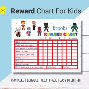 May include: A printable reward chart for kids featuring a superhero theme. The chart includes a grid for tracking daily tasks and a goal of 46 points. The reward for reaching the goal is pizza and a movie night.