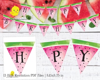 Watermelon Banner, Watermelon Party, Watermelon Birthday Banner, Watercolor, Happy Birthday, Watermelon Printable, Instant Download, DIGITAL