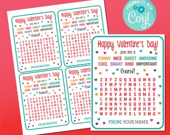 Cartes de recherche de mots imprimables pour la Saint-Valentin : Saint-Valentin pour les enfants de la classe (téléchargement instantané)