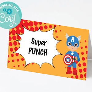 Superhero Food Labels, Superhero Food Tents, Superhero Birthday,  Editable Food Tent Corjl instant edit | DIGITAL FILE