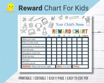 May include: Printable reward chart for kids with a colorful design. The chart includes a space for a child's name, days of the week, points, and a list of chores. The reward is "Pizza and movie night".